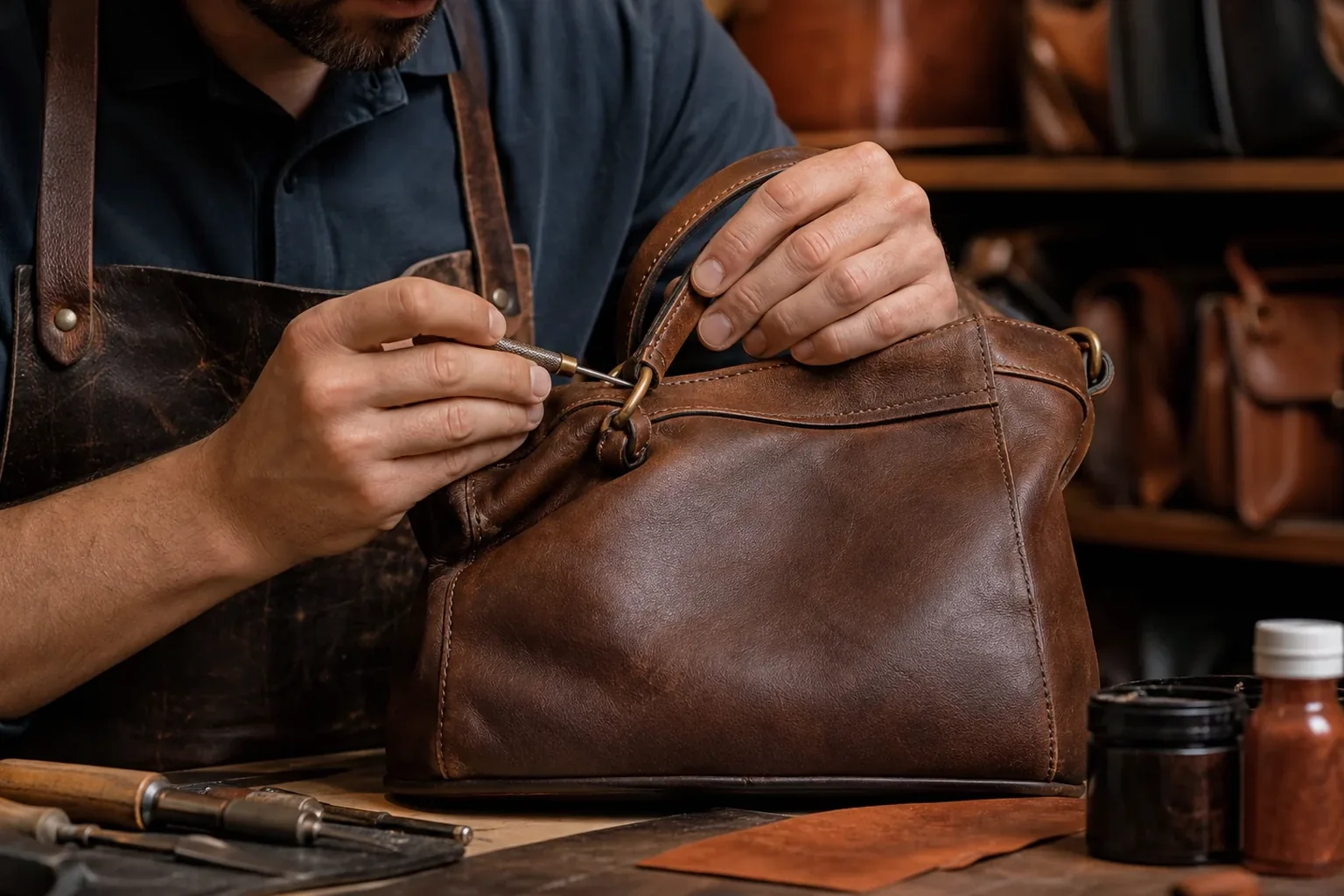 Sapateiro reformando uma bolsa de couro em Ananindeua.